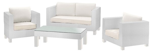 Set da Giardino Divano 2 Poltrone e Tavolino in Polyrattan Adila Cubo Bianco
