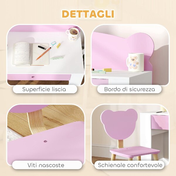 DecHome Set Scrivania per Bambini con Cassetto e Sedia con Schienale a Orsetto Et 3-8 Anni colore Rosa