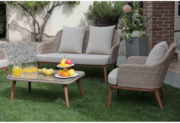 Set da Giardino Divano 2 Poltrone e Tavolino in Polyrattan Tirreno Naturale