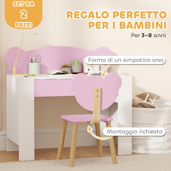 DecHome Set Scrivania per Bambini con Cassetto e Sedia con Schienale a Orsetto Et 3-8 Anni colore Rosa