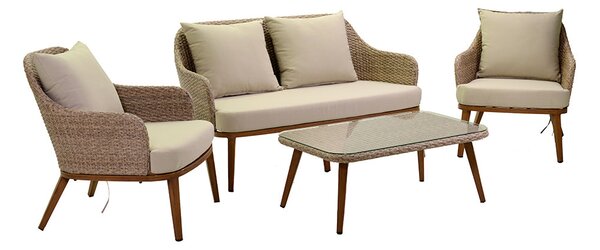 Set da Giardino Divano 2 Poltrone e Tavolino in Polyrattan Tirreno Naturale