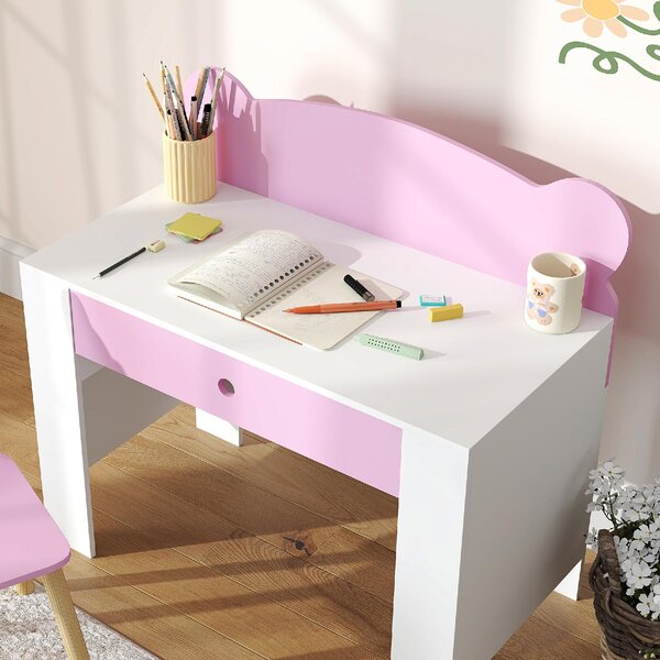 DecHome Set Scrivania per Bambini con Cassetto e Sedia con Schienale a Orsetto Et 3-8 Anni colore Rosa