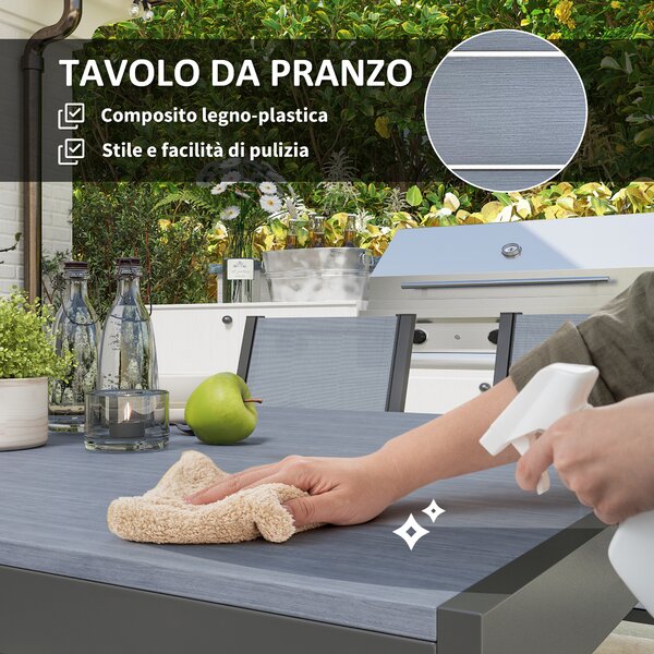 Outsunny Set Tavolo da Pranzo Rettangolare e 6 Sedie Impilabili per Giardino, Grigio Chiaro | Aosom Italy
