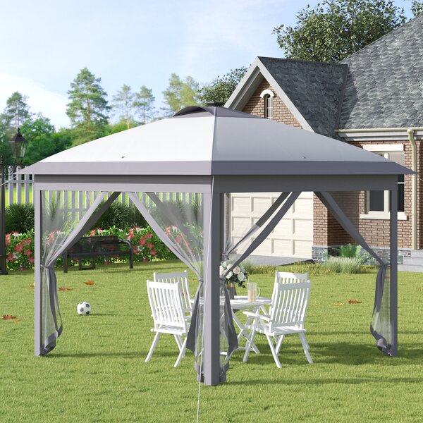 Outsunny Padiglione Pieghevole 3,3 x 3,3 m con Illuminazione a LED, Tendine in Rete, Borsa Trasporto, Grigio