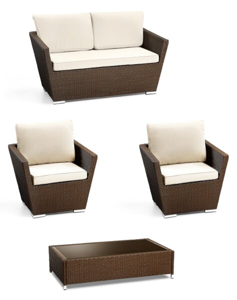 Set Salotto da Giardino 2 Poltrone Tavolino Divano in Polyrattan Adila Noce