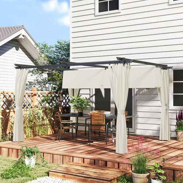 Outsunny Pergola da Giardino con Telo Retrattile e Tende Circondano, Riparo Solare UPF30+, Terrazza e Esterno, 3 x 3 m, bianco crema | Aosom Italy