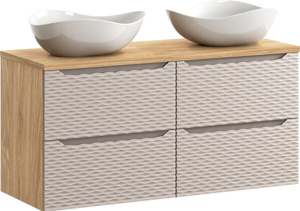 Mobile Bagno 120 Cm Con Piano E 2 Lavabi – Rovere Oliato / Beige 3D