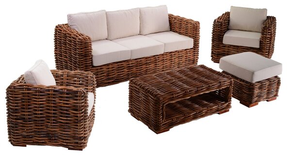 Set Salotto da Giardino 2 Poltrone Tavolino Divano 3 Posti e Pouf in Rattan Manama Naturale