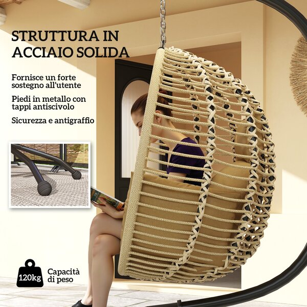 Outsunny Poltrona Sospesa con Cuscino Imbottito, Seduta Pieghevole e Struttura in Acciaio e Corda, Beige | Aosom Italy