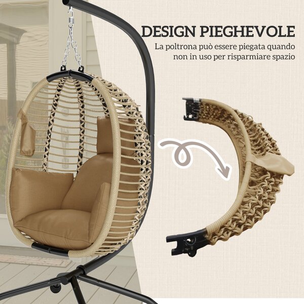 Outsunny Poltrona Sospesa con Cuscino Imbottito, Seduta Pieghevole e Struttura in Acciaio e Corda, Beige | Aosom Italy