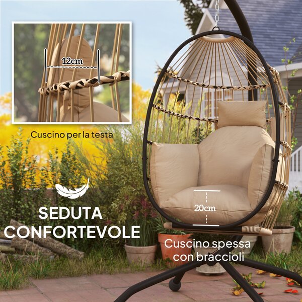Outsunny Poltrona Sospesa a Uovo con Gancio Regolabile, 2 Cuscini e Cesto Pieghevole, 120x88x192 cm, Cachi | Aosom Italy