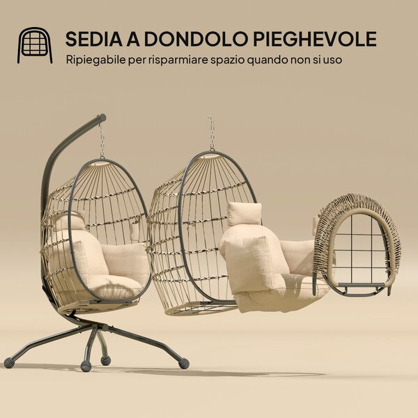 Outsunny Poltrona Sospesa a Uovo con Gancio Regolabile, 2 Cuscini e Cesto Pieghevole, 120x88x192 cm, Cachi | Aosom Italy