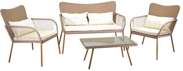 Set da Giardino Divano 2 Poltrone e Tavolino in Polyrattan Laredo Melange Crema