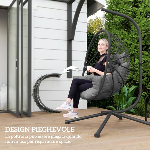 Outsunny Poltrona Sospesa a Uovo con Cuscino Imbottito e Cesto Pieghevole, 120x106x188 cm, Grigio | Aosom Italy