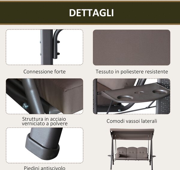 Outsunny Dondolo da Giardino 3 Posti con Tetto Regolabile, Portabicchieri e Cuscini, 208x121x172 cm, Marrone | Aosom Italy