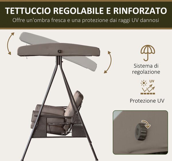 Outsunny Dondolo da Giardino 3 Posti con Tetto Regolabile, Portabicchieri e Cuscini, 208x121x172 cm, Marrone | Aosom Italy