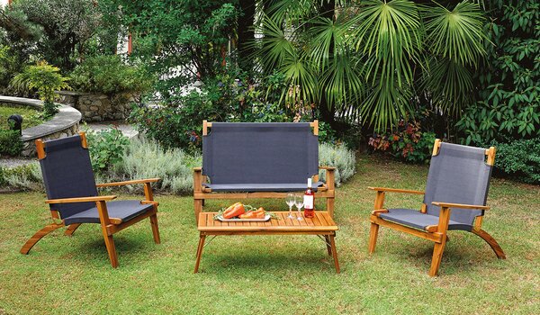 Set da Giardino Divano 2 Poltrone e Tavolino in Legno Vorghini Valladolid Antracite