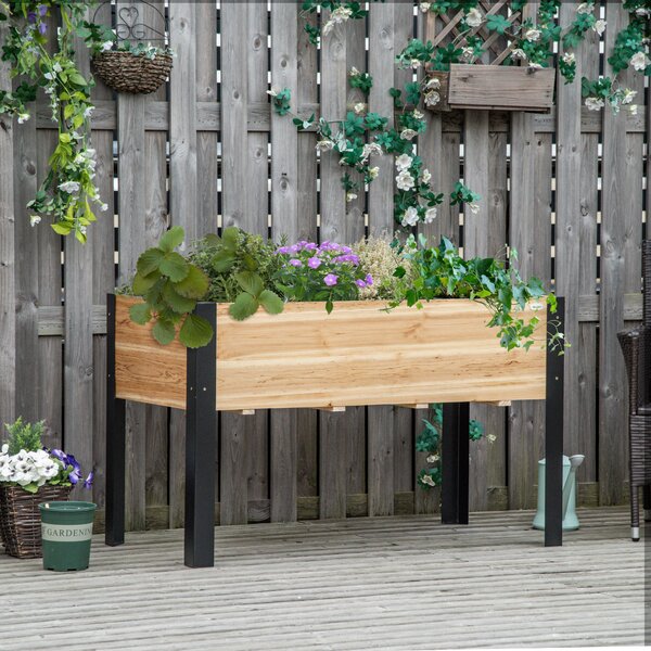 Outsunny Letto Rialzato da Giardino Fioriera Vaso da Balcone con Tessuto Non Tessuto Legno Massiccio Acciaio Legno Naturale+Nero 120 x 60 x 74 cm