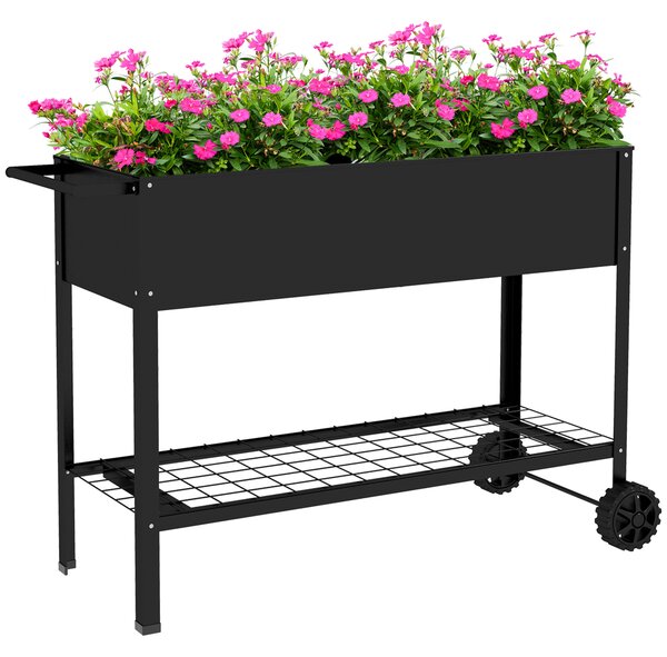 Outsunny Fioriera su Piedi Orto dim. 104L x 39l x 80H cm mensola 2 Ruote + Inserto di irrigazione metallo Nero