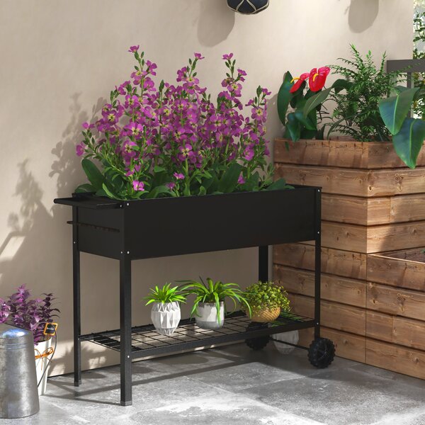 Outsunny Fioriera su Piedi Orto dim. 104L x 39l x 80H cm mensola 2 Ruote + Inserto di irrigazione metallo Nero