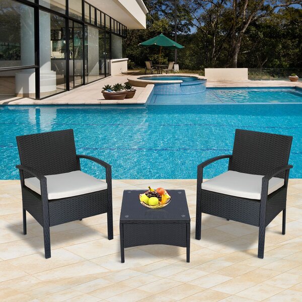 Set Salotto da Giardino 2 Poltroncine e Tavolino con Cuscini Rattan Sintetico Nero