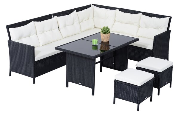 Set Salotto da Giardino in Rattan Sintetico 6 pezzi DIvano con Cuscini e Tavolino Nero