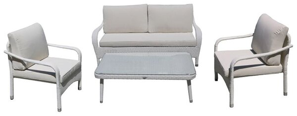 Set Salotto da Giardino in Polyrattan Divano 2 Poltrone e Tavolino Adila Bianco