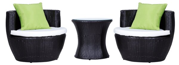 Set Salotto da Giardino in Rattan Sintetico 2 Poltroncine Tonde con Tavolino e Cuscini Marrone