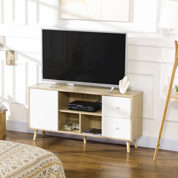 HOMCOM Mobile TV per TV fino a 45 pollici piedi in legno massiccio stile scandinavo 3 mensole 1 armadio 120 x 30 x 60 cm