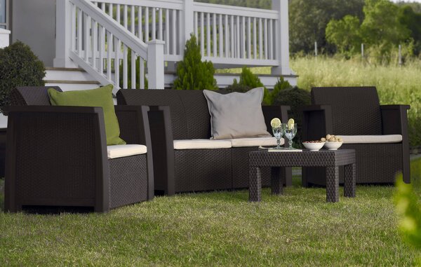 Set Salotto da Giardino in Resina Divano 2 Poltrone e Tavolino Bauer Vegas Marrone