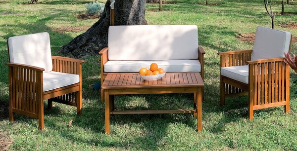 Set Salotto da Giardino in Legno Divano 2 Poltrone e Tavolino Bauer New Castle