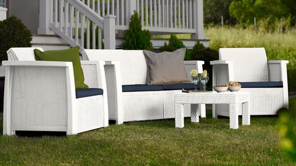 Set Salotto da Giardino in Resina Divano 2 Poltrone e Tavolino Bauer Vegas Bianco