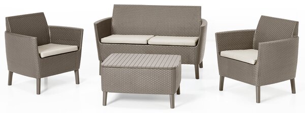 Set Salotto da Giardino in Resina Divano 2 Poltrone e Tavolino Bauer Salemo Cappuccino