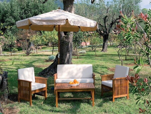 Set Salotto da Giardino in Legno Divano 2 Poltrone e Tavolino Bauer New Castle