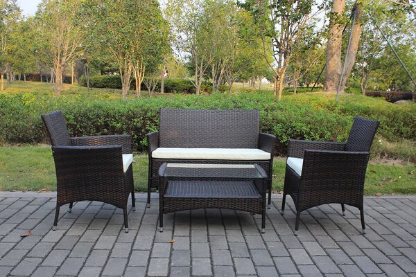 Set Salotto da Giardino in Polyrattan Divano 2 Poltrone e Tavolino Bauer Minorca Marrone