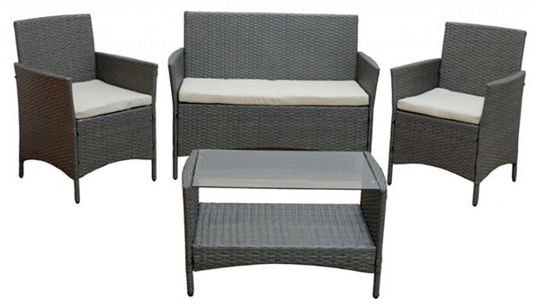 Set Salotto da Giardino in Polyrattan Divano 2 Poltrone e Tavolino Bauer Minorca Grigio