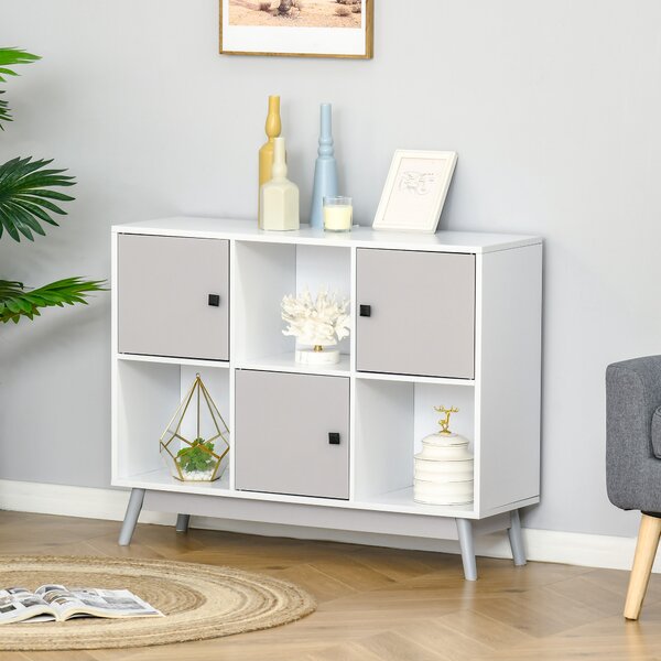 HOMCOM Buffet, mobile portaoggetti con 3 porte e 3 scomparti aperti, piedi in legno di pino, 96x30x75cm, bianco e grigio | Aosom Italy
