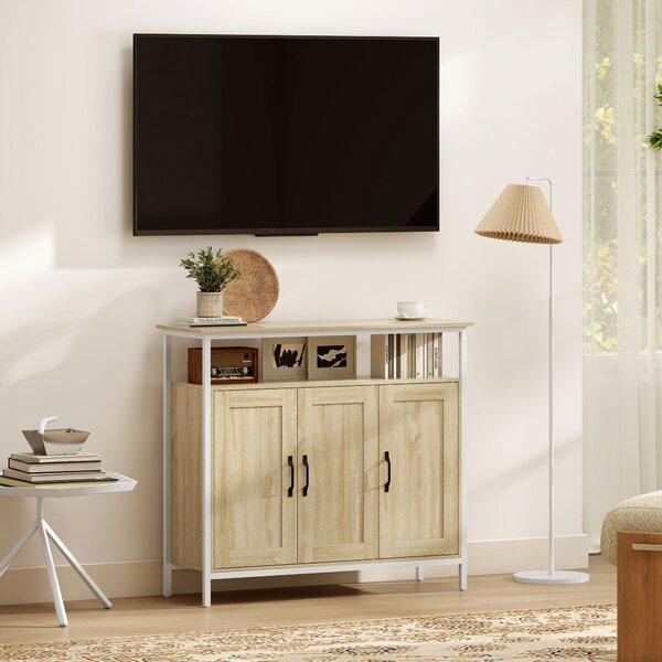 HOMCOM Buffet, mobile con 3 ante, scomparto aperto e 4 ripiani regolabili, 100 x 35 x 88 cm, legno naturale | Aosom Italy