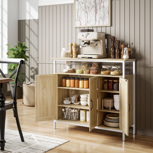 HOMCOM Buffet, mobile con 3 ante, scomparto aperto e 4 ripiani regolabili, 100 x 35 x 88 cm, legno naturale | Aosom Italy