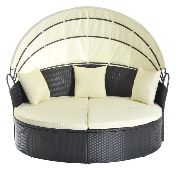Divano Letto da Esterno Conchiglia con Poggiapiedi e Tenda Parasole in Rattan Sintetico Nero