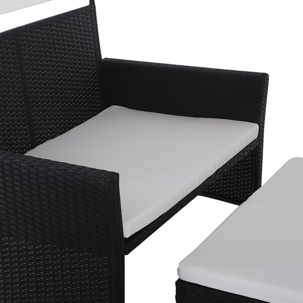 Set Salotto da Giardino in Rattan Sintetico Divano con Tetto e Tavolino Nero e Bianco