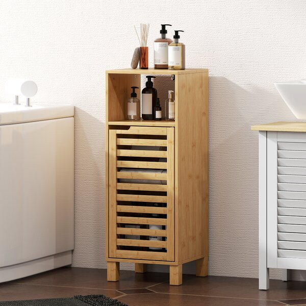 HOMCOM Mobile bagno, ripiano aperto, armadio, legno di bambù, porta a lamelle, marrone chiaro | Aosom Italy
