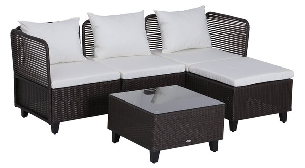 Set Salotto da Giardino in Rattan Sintetico Divano Pouf e Tavolino Marrone