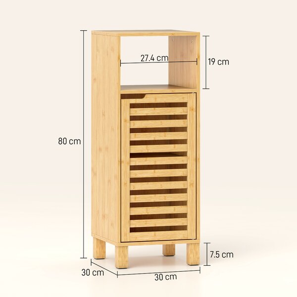 HOMCOM Mobile bagno, ripiano aperto, armadio, legno di bambù, porta a lamelle, marrone chiaro | Aosom Italy