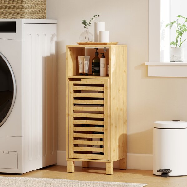 HOMCOM Mobile bagno, ripiano aperto, armadio, legno di bambù, porta a lamelle, marrone chiaro | Aosom Italy