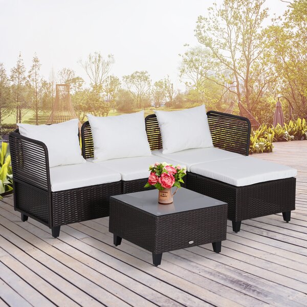 Set Salotto da Giardino in Rattan Sintetico Divano Pouf e Tavolino Marrone