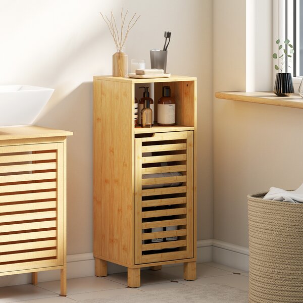 HOMCOM Mobile bagno, ripiano aperto, armadio, legno di bambù, porta a lamelle, marrone chiaro | Aosom Italy