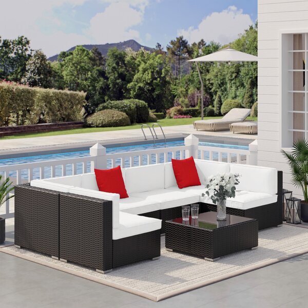 Set Salotto da Giardino in Rattan Sintetico 6 Poltrone e Tavolino Marrone