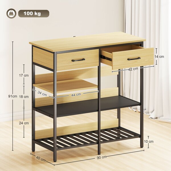 HOMCOM Sideboard, credenza con 2 cassetti, 3 ripiani aperti mobile da cucina per cucina, soggiorno 90 x 40 x 91 cm, Legno naturale | Aosom Italy
