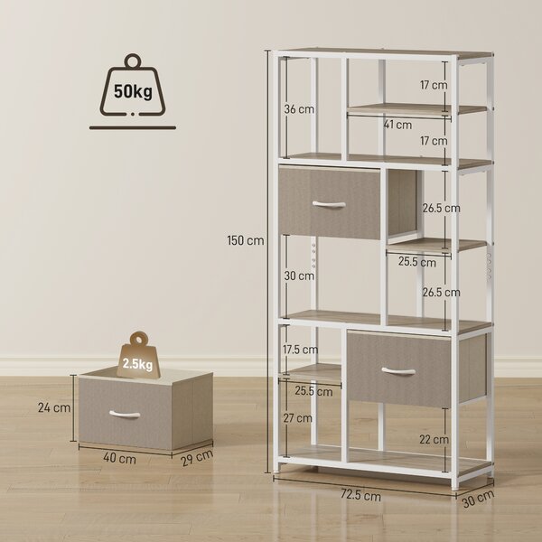 HOMCOM Scaffale contenitore 6 livelli, libreria con 2 cassetti in tessuto, 9 ripiani aperti, 72,5 x 30 x 150 cm, bianco | Aosom Italy
